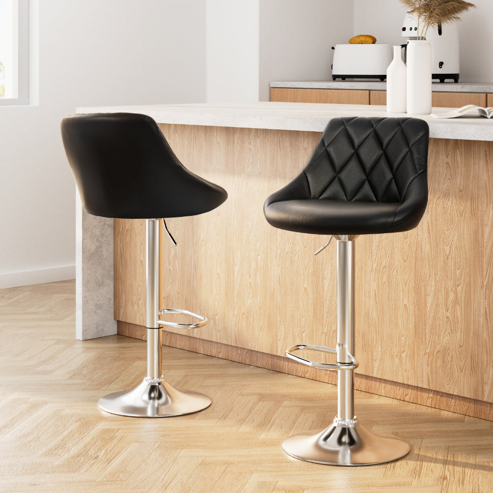 Set of 2 Leather Padded Bar Stools - Black