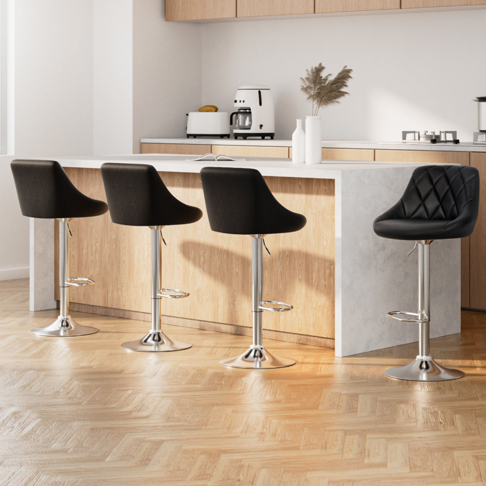 Set of 4 Padded Diamond Leather Bar Stools - Black