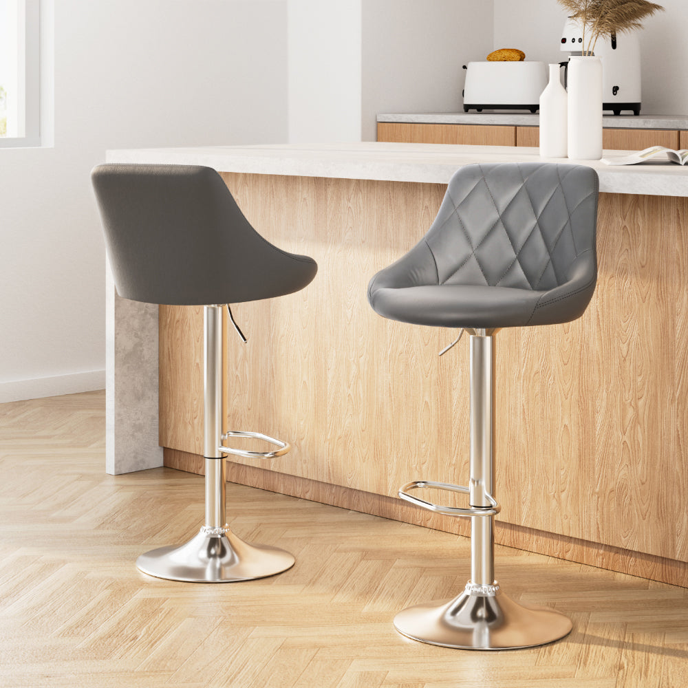 Set of 2 Padded Leather Bar Stools - Grey