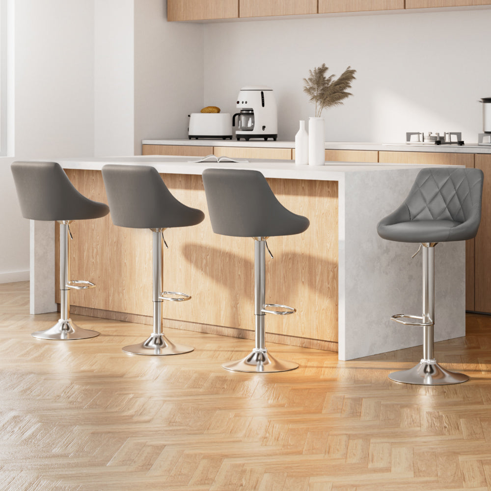 Set of 4 Diamond Padded Leather Bar Stools - Grey
