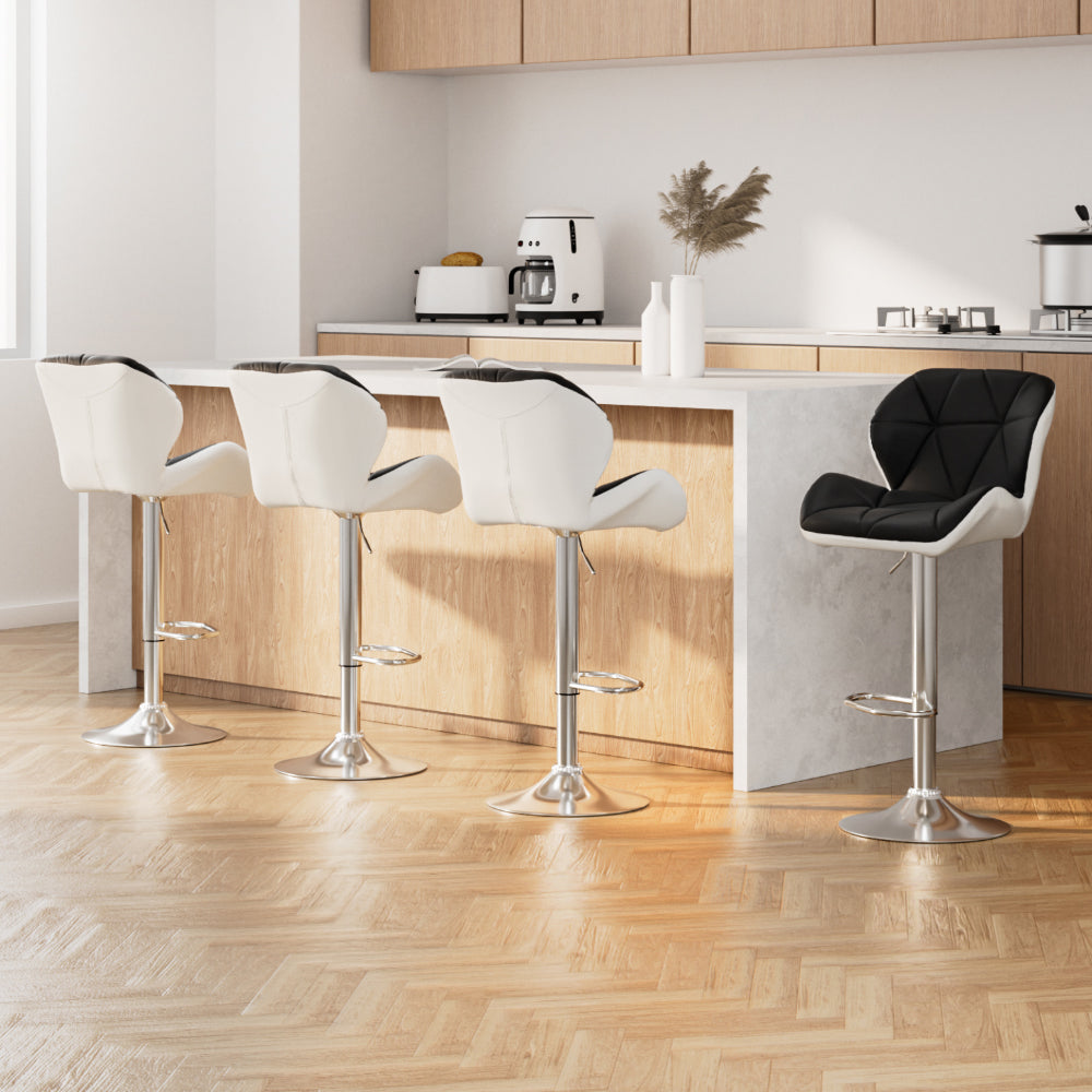 Set of 4 Leather Padded Bar Stools - Black & White