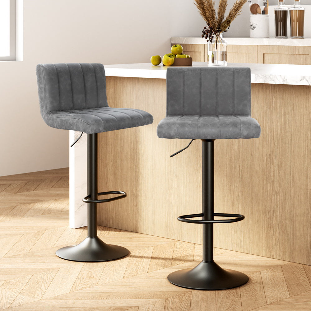 Set of 2 Vintage Leather Bar Stools - Grey