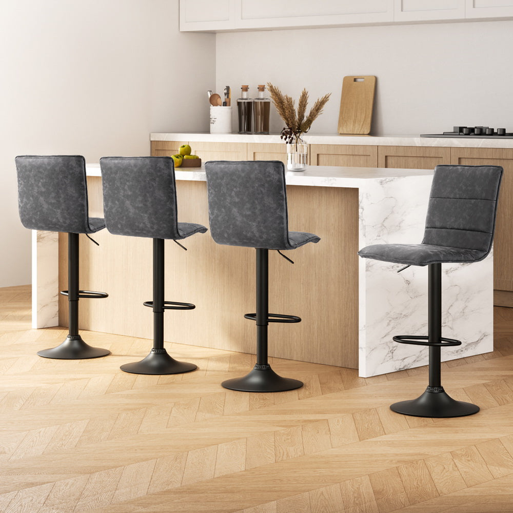 Set of 4 Vintage Leather Bar Stools Gas Lift - Grey