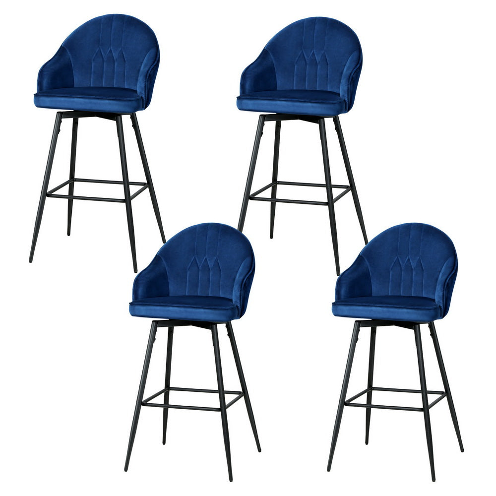 Set of 4 Mesial Bar Stools Velvet Swivel Metal Legs - Blue