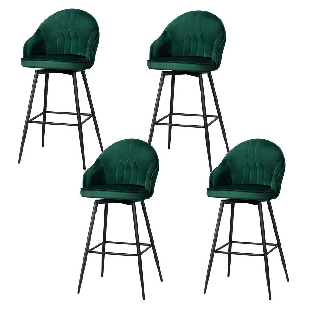 Set of 4 Mesial Bar Stools Velvet Swivel Metal Legs - Green