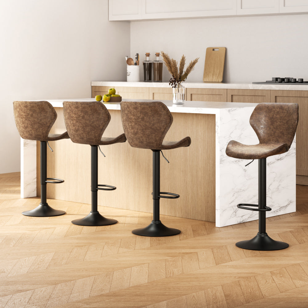 Set of 4 Frawley Bar Stools Vintage Leather Gas Lift - Brown