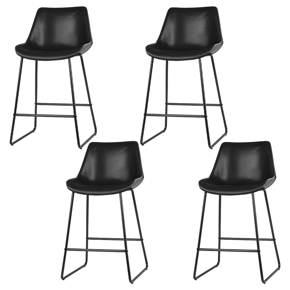 Set of 4 Leather Padded Bar Stools Metal Legs - Black