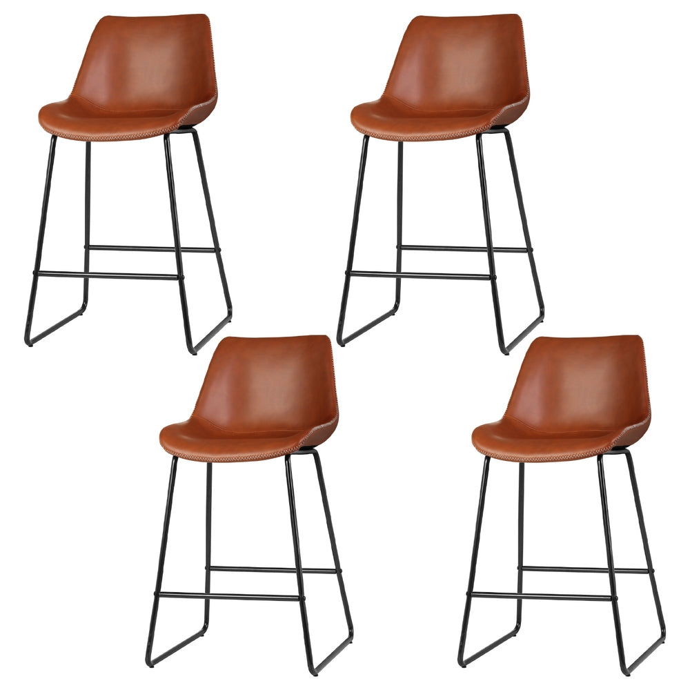Set of 4 Leather Padded Bar Stools Metal Legs - Brown
