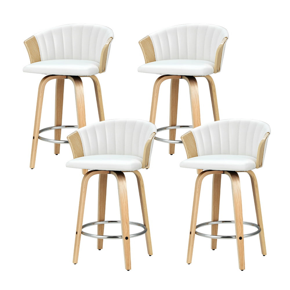 Set of 4 Ricardo Bar Stools Swivel Leather Chairs Wooden - White