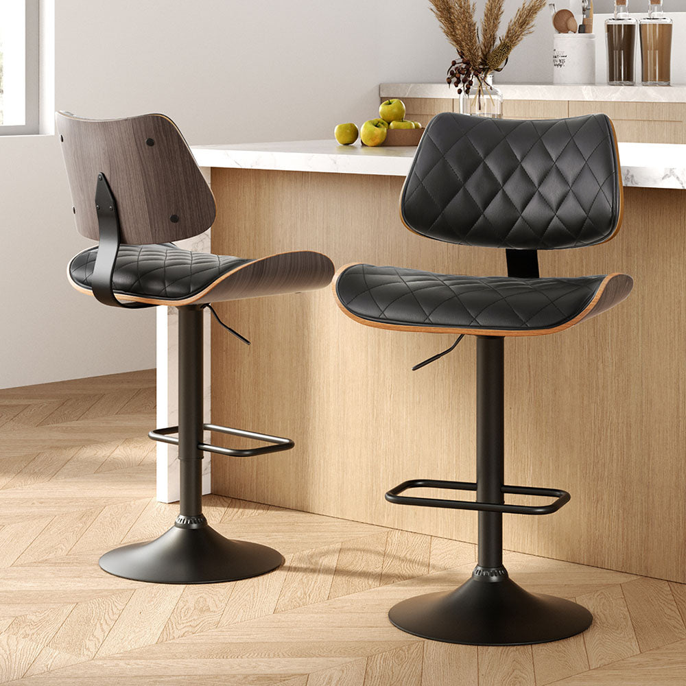 Set of 2 Quilla Leather Bar Stools Wooden - Black