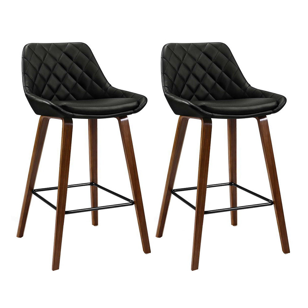 Set of 2 Leather Bar Stools PU Seat Wooden
