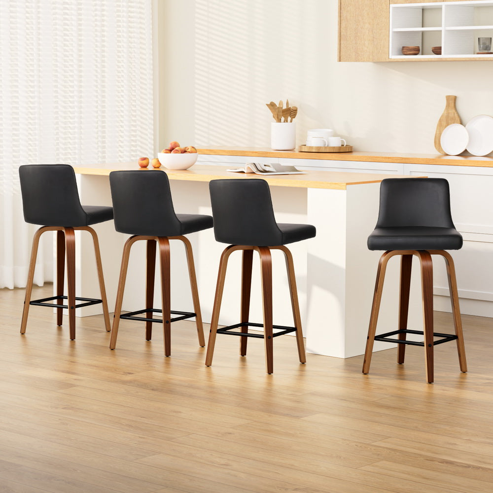 Set of 4 Felipe Bar Stools Swivel Leather Padded Wooden - Black