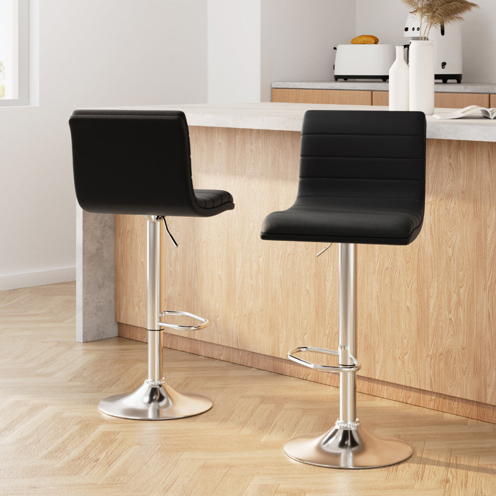 Set of 2 Padded Leather Bar Stools - Black