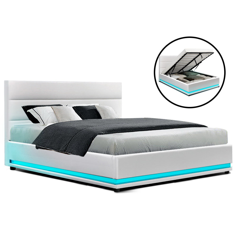 Lumi Double LED Gas Lift Bed Frame - White