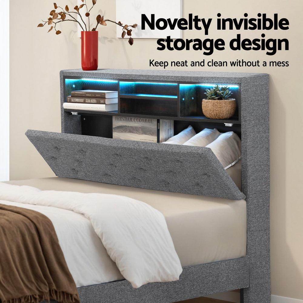 Midnight King Single LED Bed Frame with Storage Shelf Hidden Storage Box - Grey