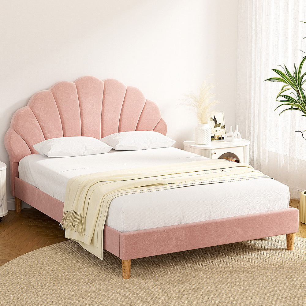 Rosy Double Bed Frame - Pink Velvet Fabric