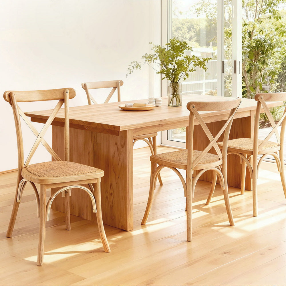 Set of 4 Rattan Wooden Kitchen Accent Dining Chairs - Natural