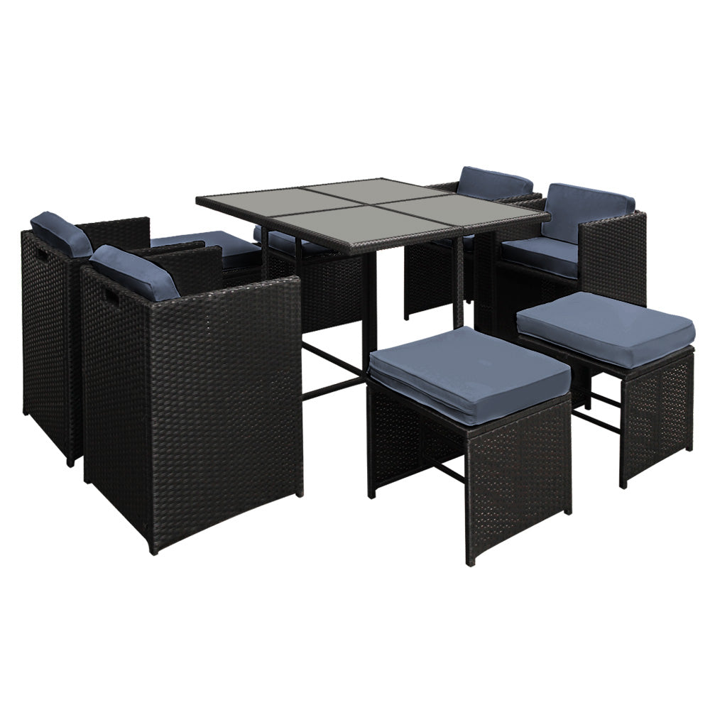 9 Piece Wicker Outdoor Dining Set - Black