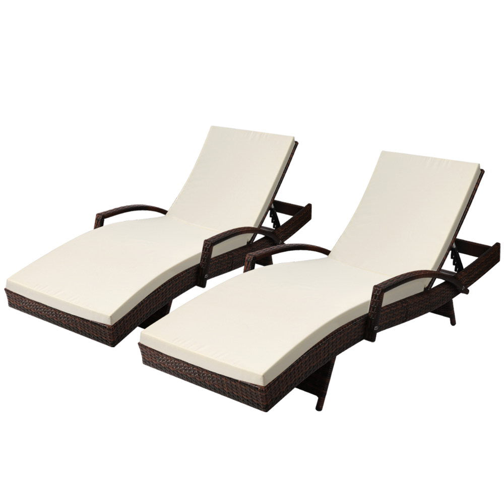 2PC Sun Lounge Wicker Lounger - Brown