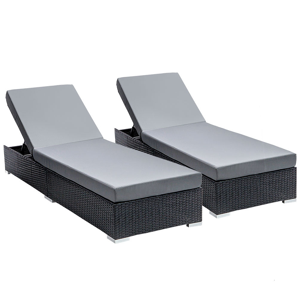 2PC Sun Lounge Wicker Lounger - Black