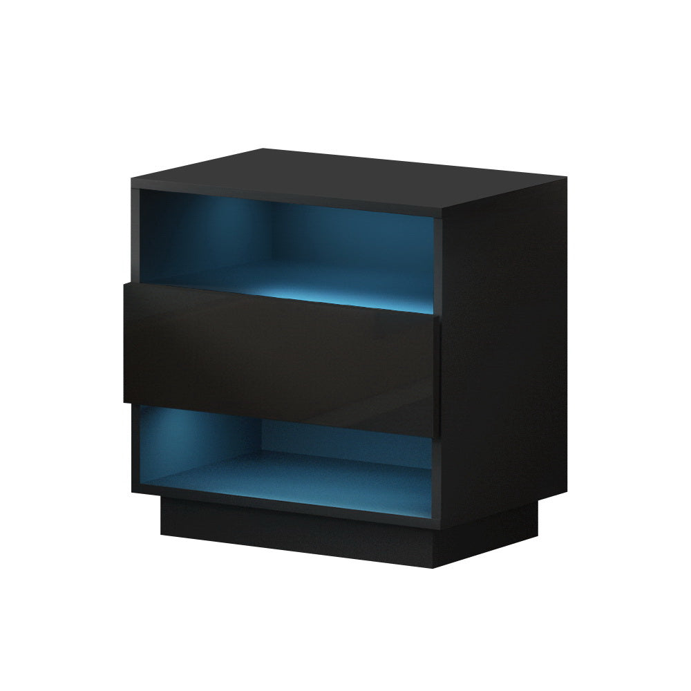 Hana Bedside Table LED with 2 Shelves - Black
