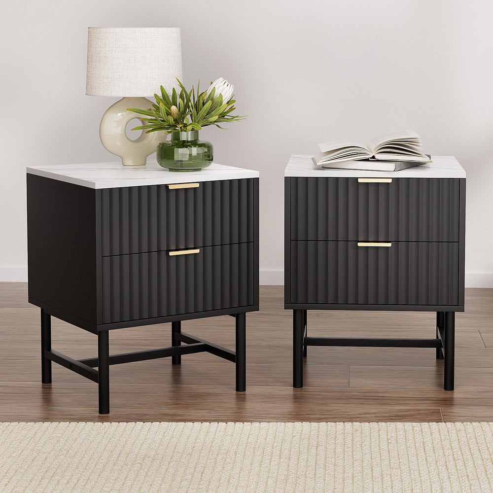 Set of 2 Bedside Table 2 Drawers - Black