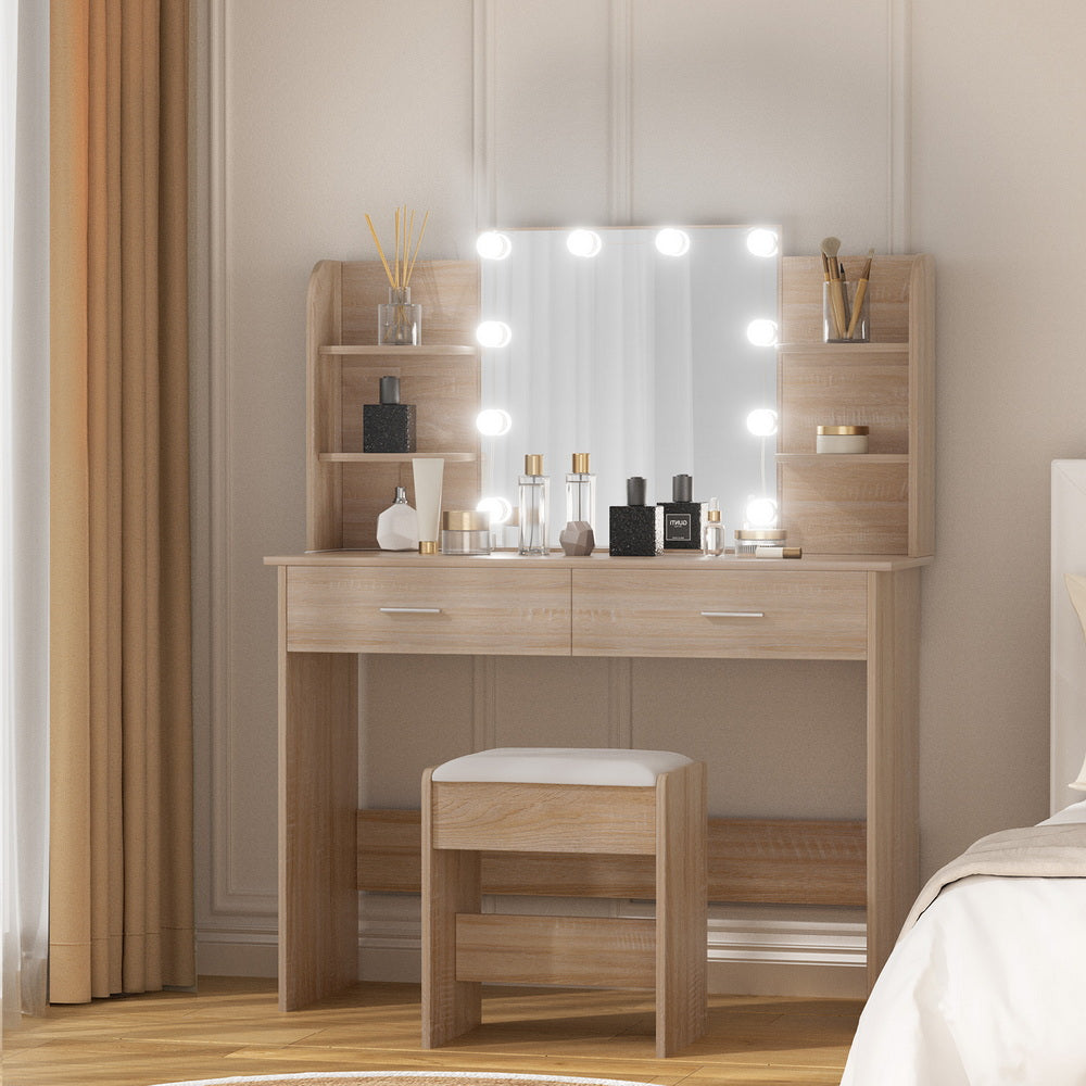 Dressing Table Set Stool 10 LED Bulbs - Wood
