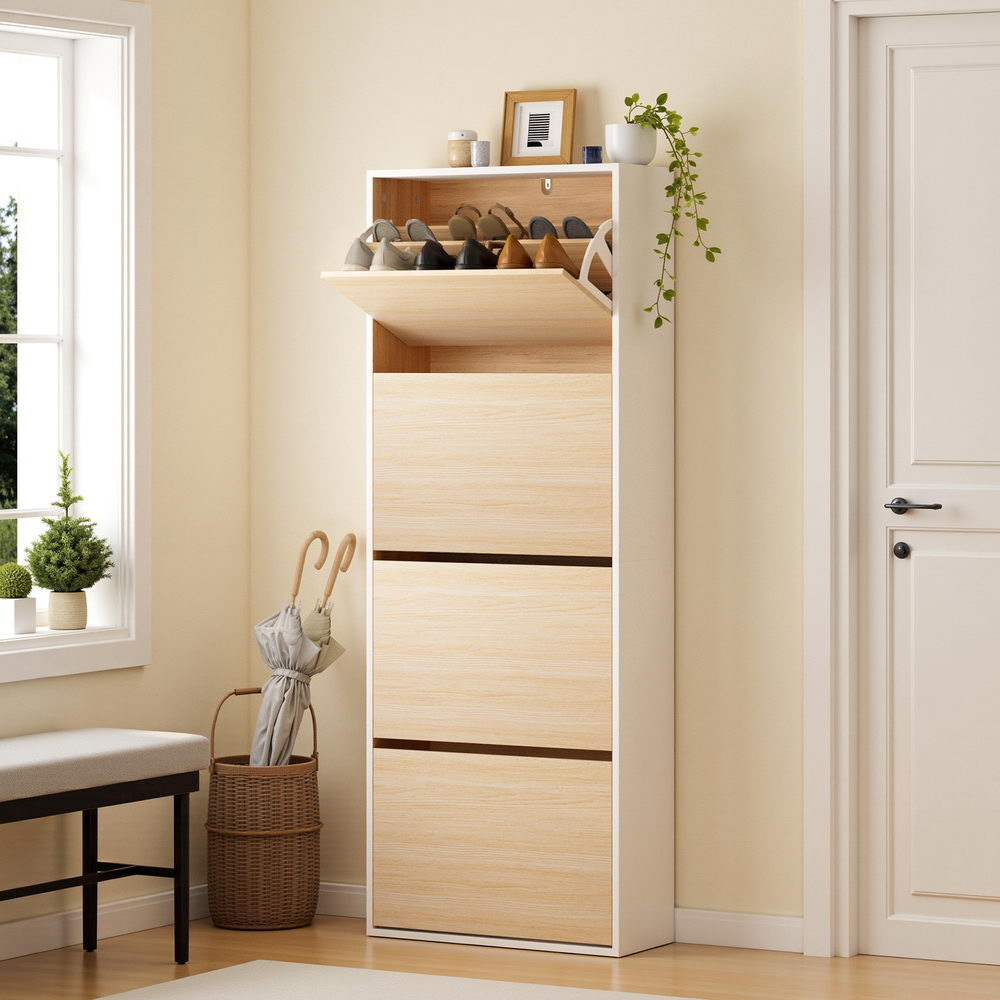 Shoe Rack Cabinet 24 Pairs Adjustable Shelf - Pine