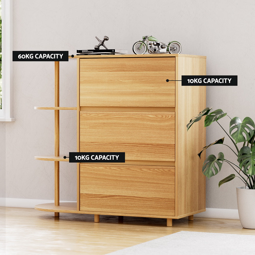 Chest of 3 Drawers Storage Cabinet 3 Shelves - Pine