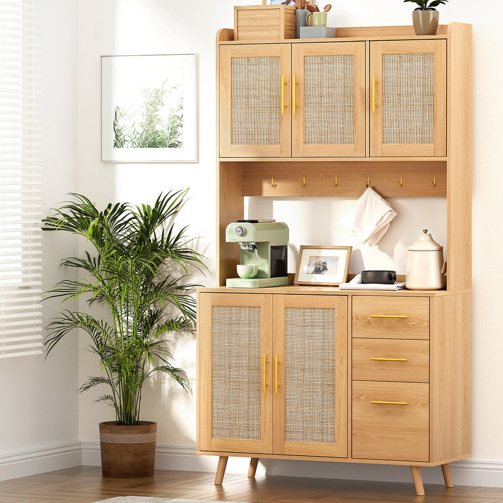 Rattan Pine Buffet Sideboard Hutch Storage Cabinet