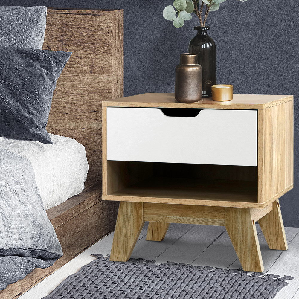 Iker Bedside Table Drawer with Shelf - White & Oak