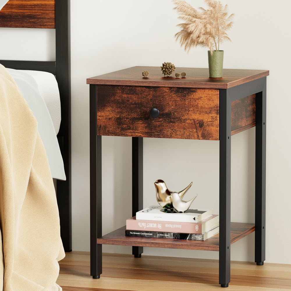 Bedside Table Nightstand 1 Drawer Shelves - Walnut