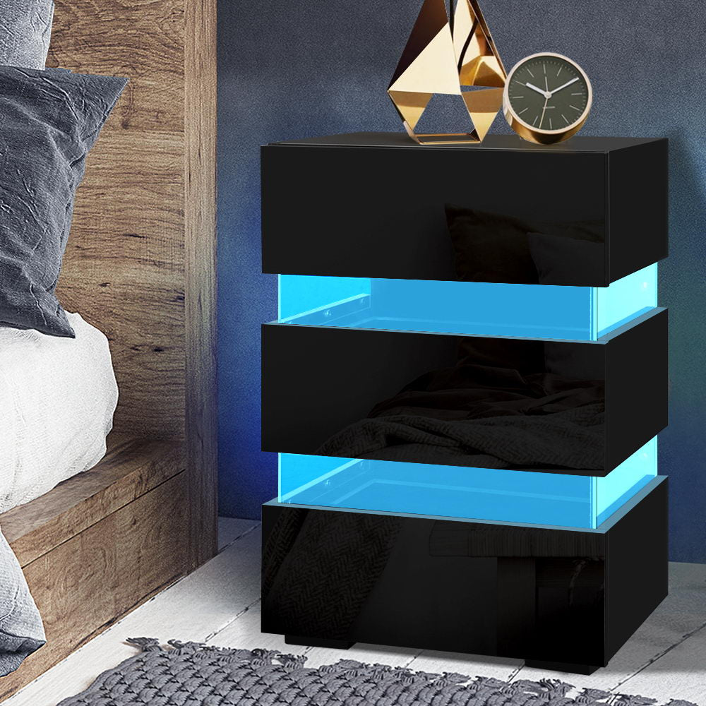 Lumi LED Bedside Table 3 Drawers - Black