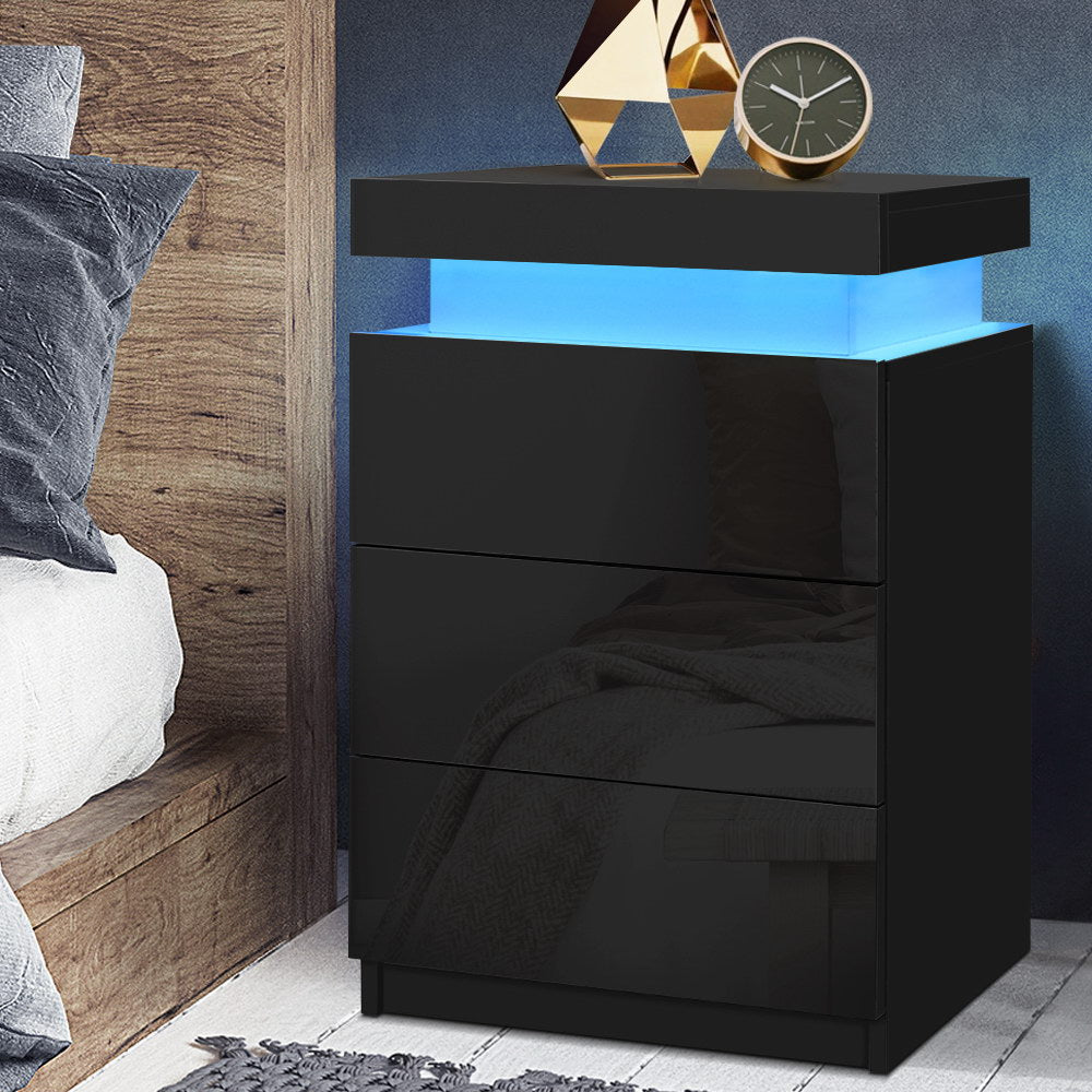 Coley LED Bedside Table 3 Drawers - Black