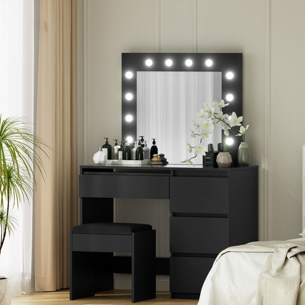 Dressing Table Set Stool 12 LED Bulbs - Black