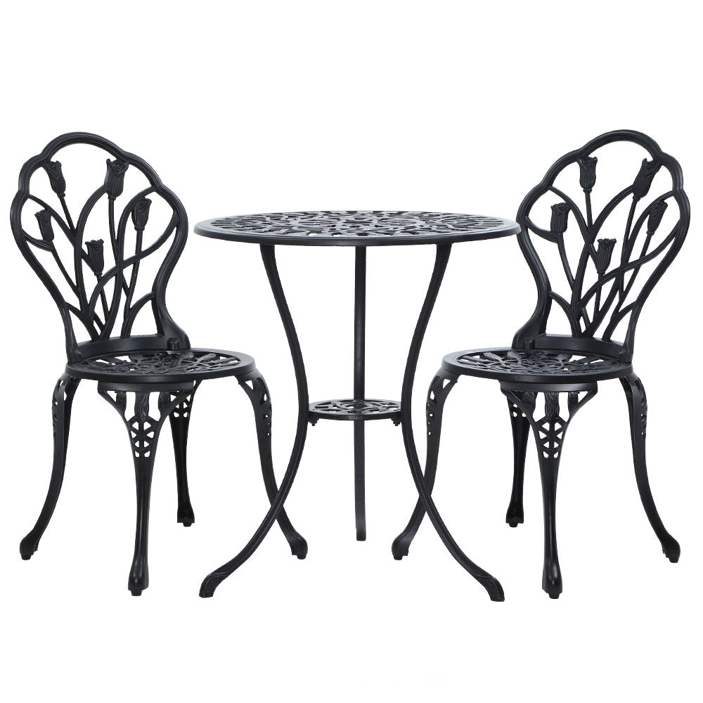 3 Piece Outdoor Cast Aluminum Bistro Set - Tulip Black