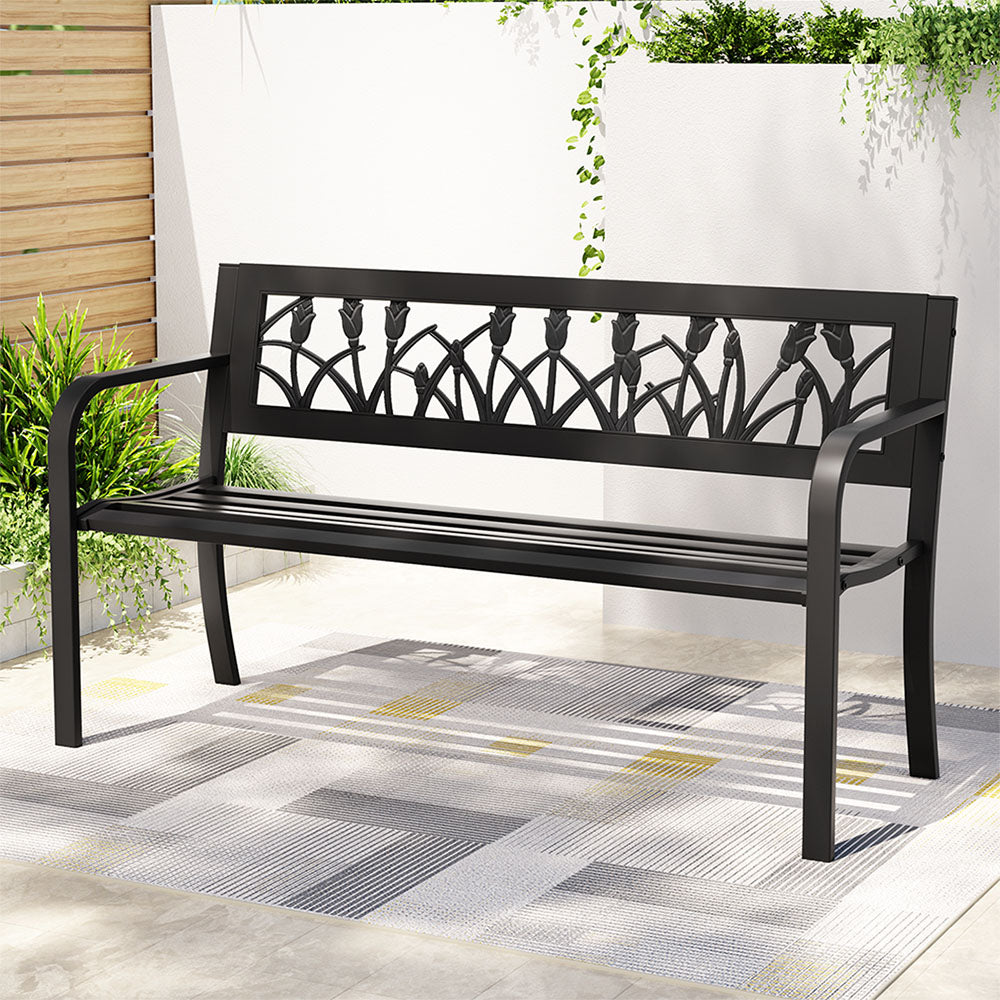 Outdoor Garden Bench Seat Outdoor Furniture Steel 2 Seater Park Black