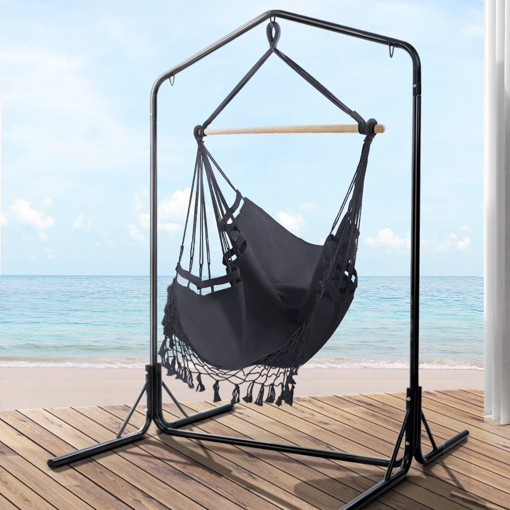 Outdoor Hammock Chair with Stand Tassel Hanging Rope Hammock Grey