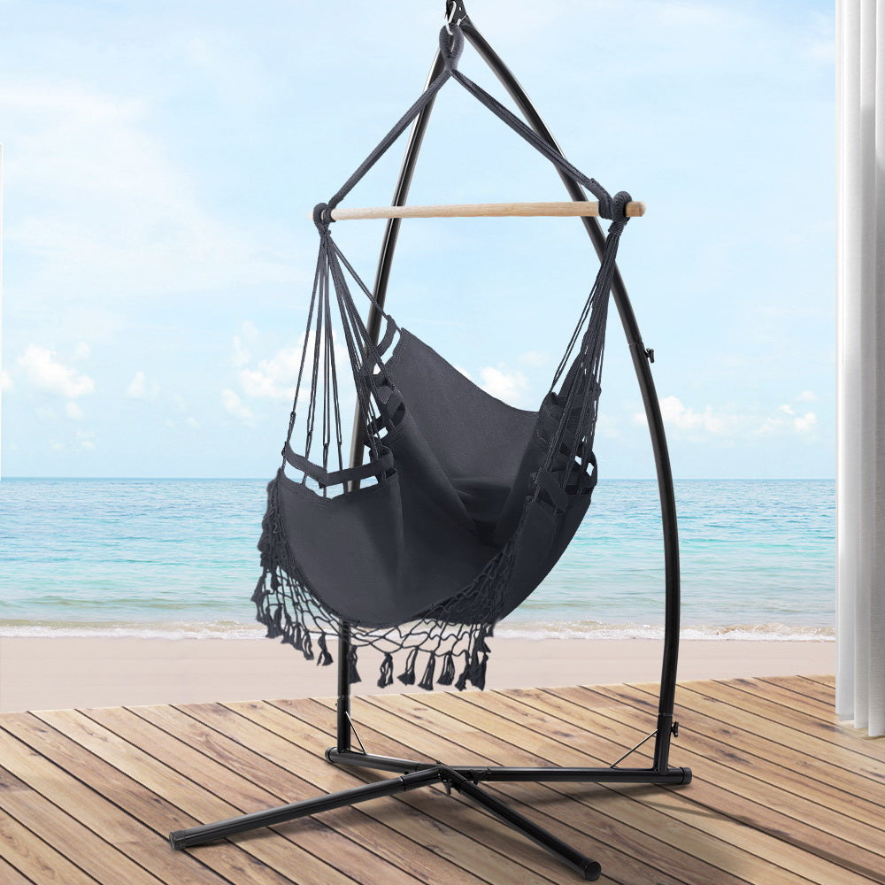 Outdoor Hammock Chair with Steel Stand Hanging Tassel Grey