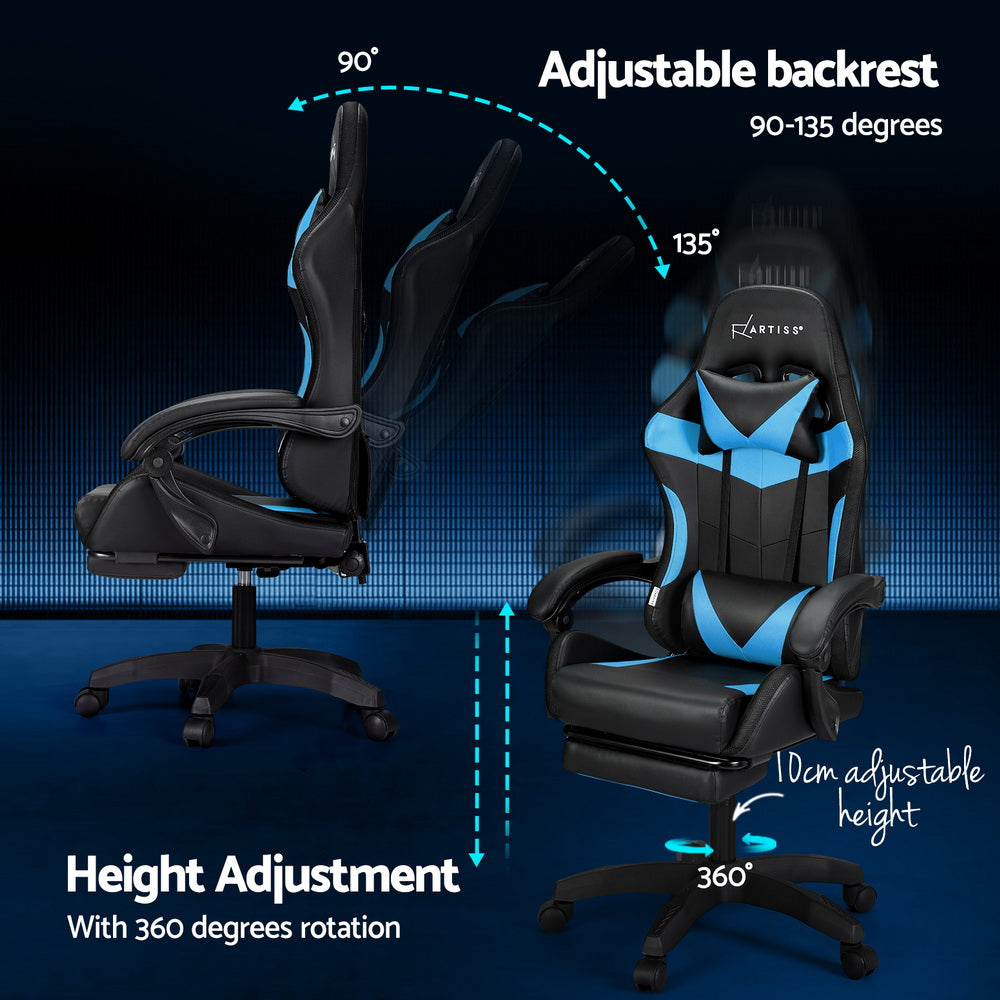 Massage Gaming Office Chair 7 LED Footrest - Cyan Blue