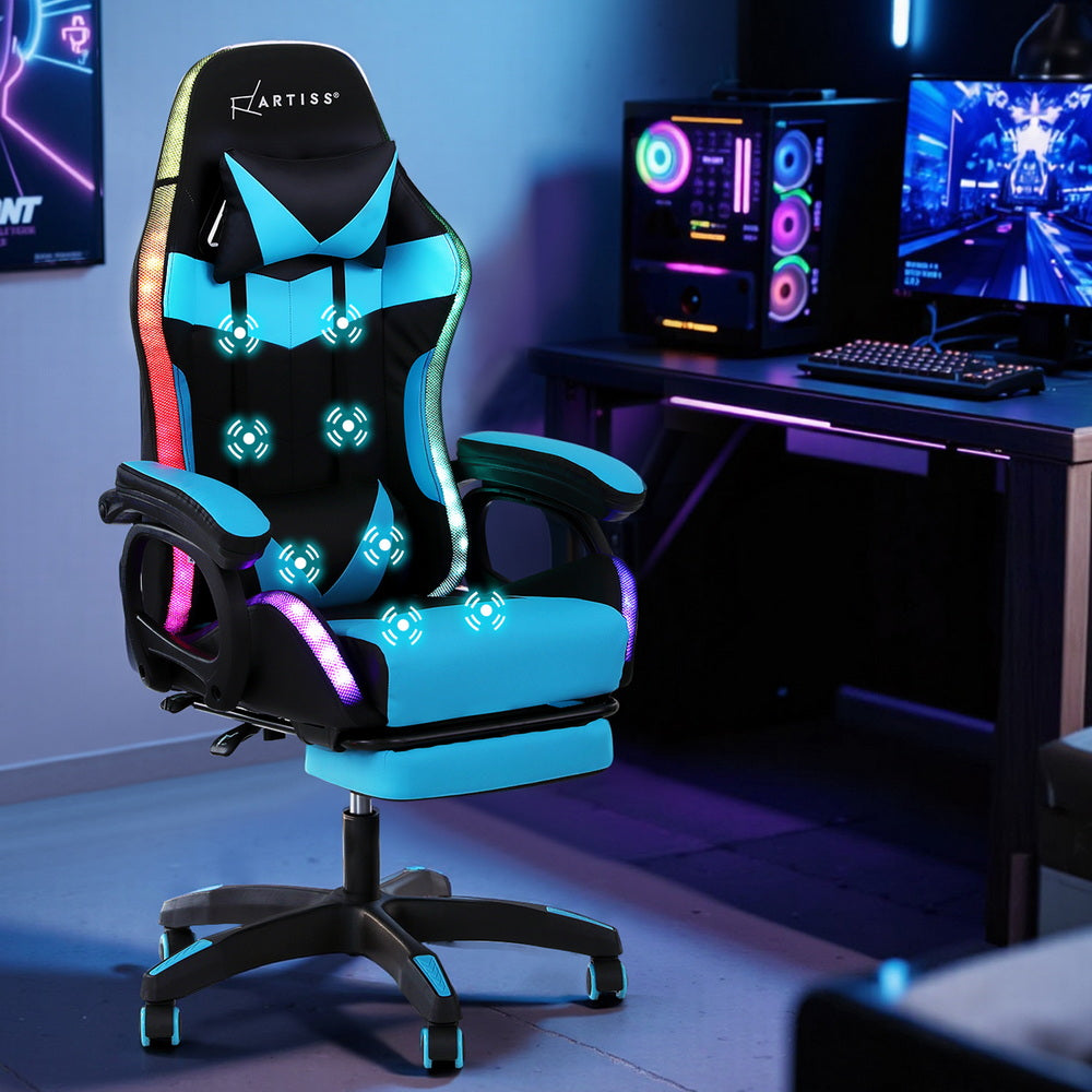 Gaming Office Chair 12 RGB LED Massage Seat Footrest - Cyan