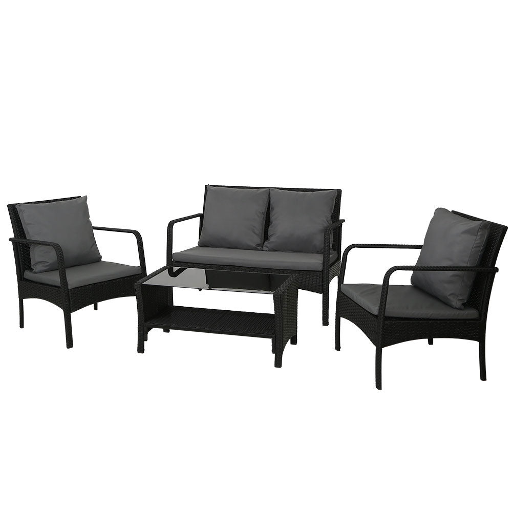 Outdoor Wicker Table and Chairs Sofa Set Lounge Setting - Black