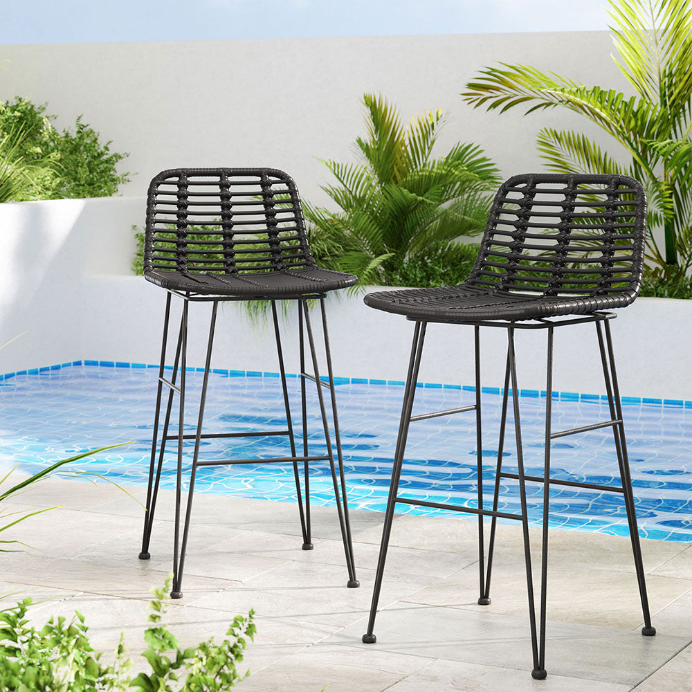 Set of 2 Outdoor Rattan Black Bar Stools