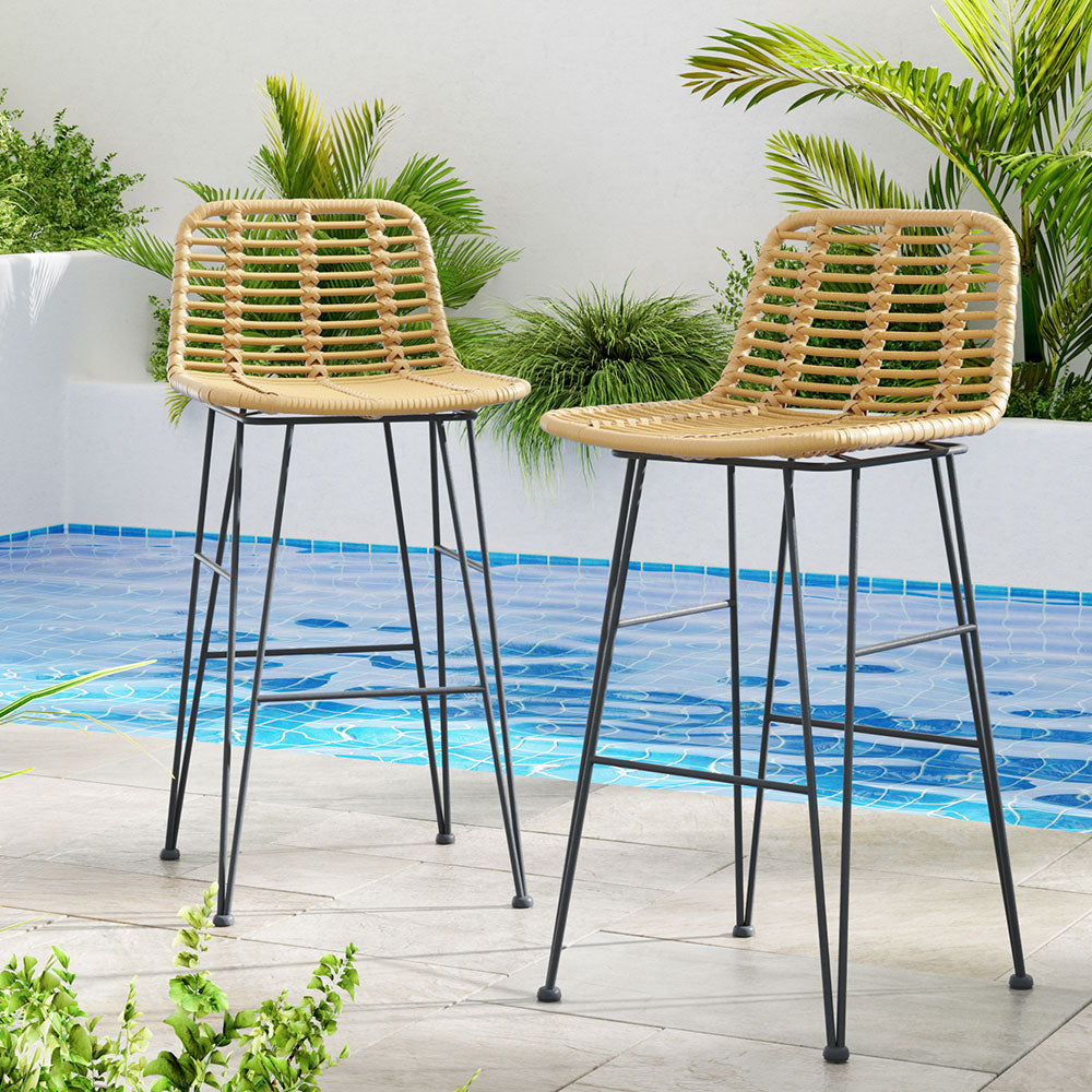 Set of 2 Outdoor Rattan Bar Stools - Nature