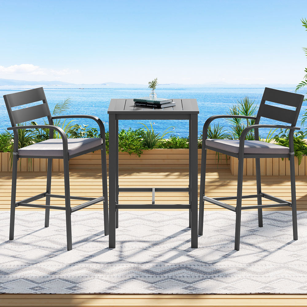 3 Piece Outdoor Bar Set Stools Dining Chairs Table Patio Aluminium Bistro Set Black