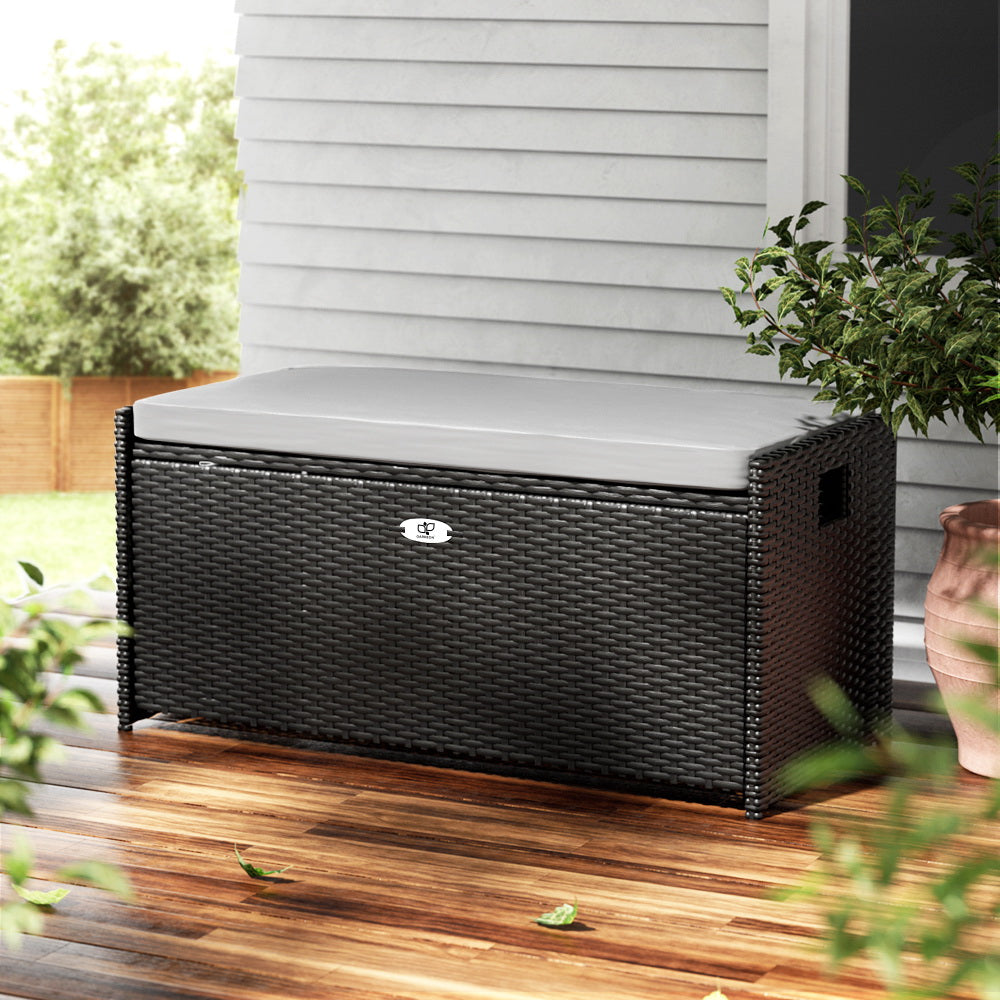 Outdoor Storage Bench Box Wicker Garden Sheds Tools Cushion Patio Furniture - Black