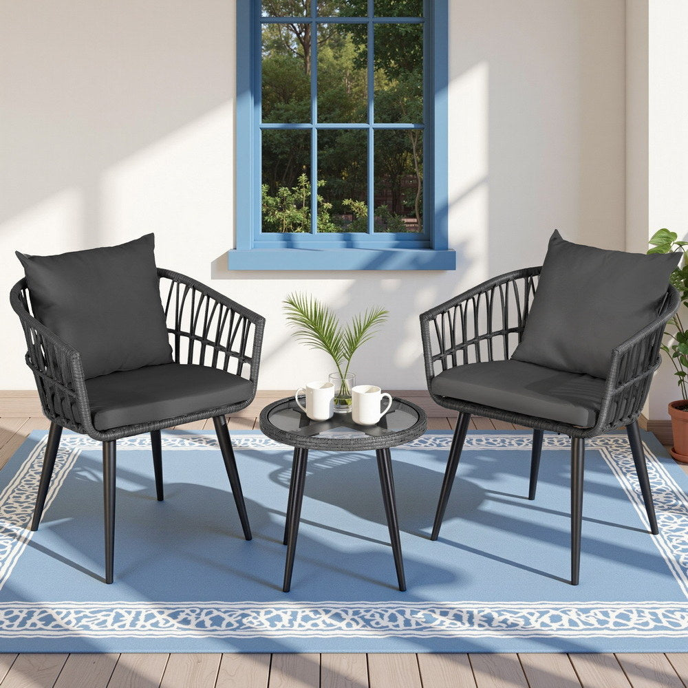 3PC Outdoor Bistro Set Patio Furniture Lounge Setting Table and Chairs Grey