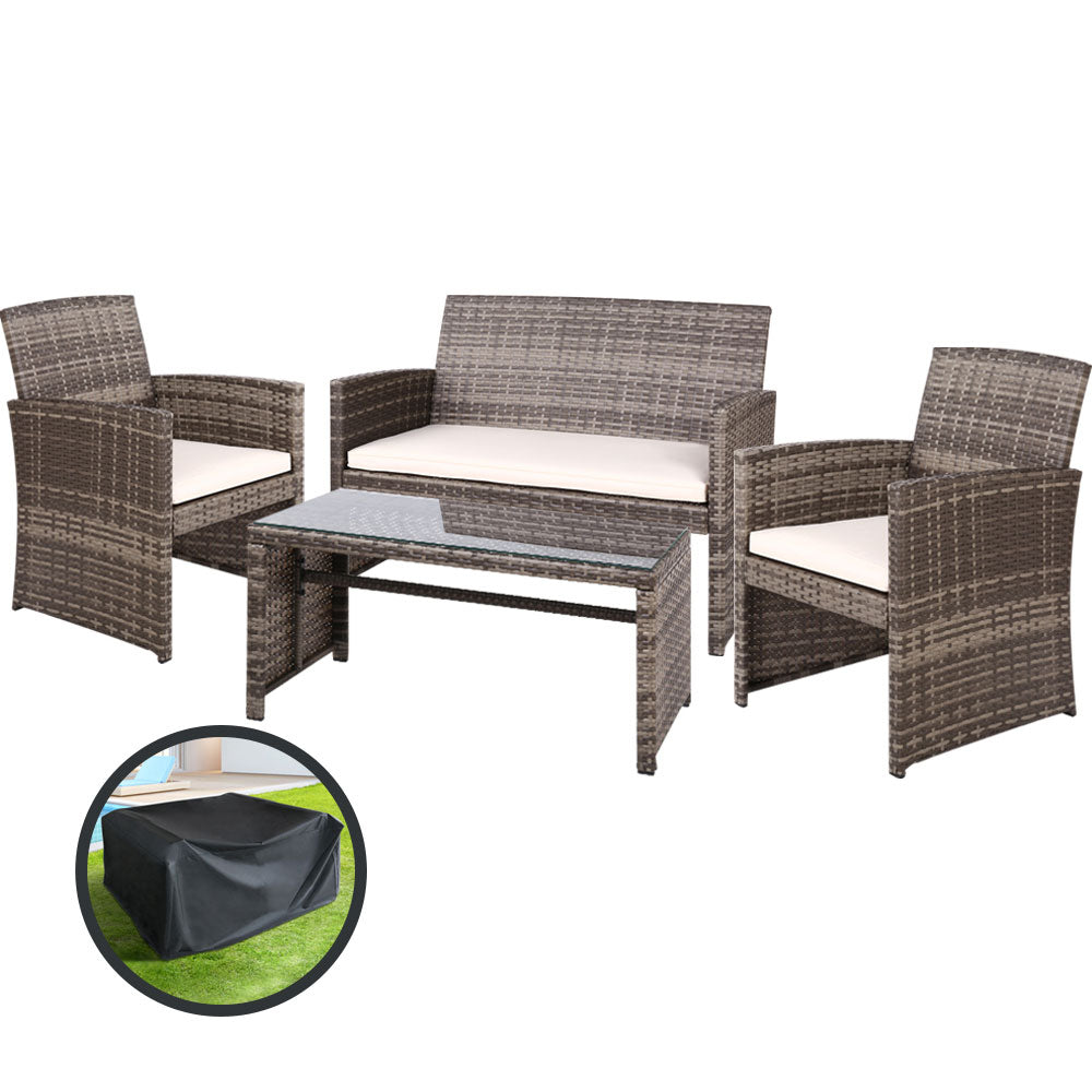 4 Piece Outdoor Wicker Sofa Set with Storage Cover - Grey