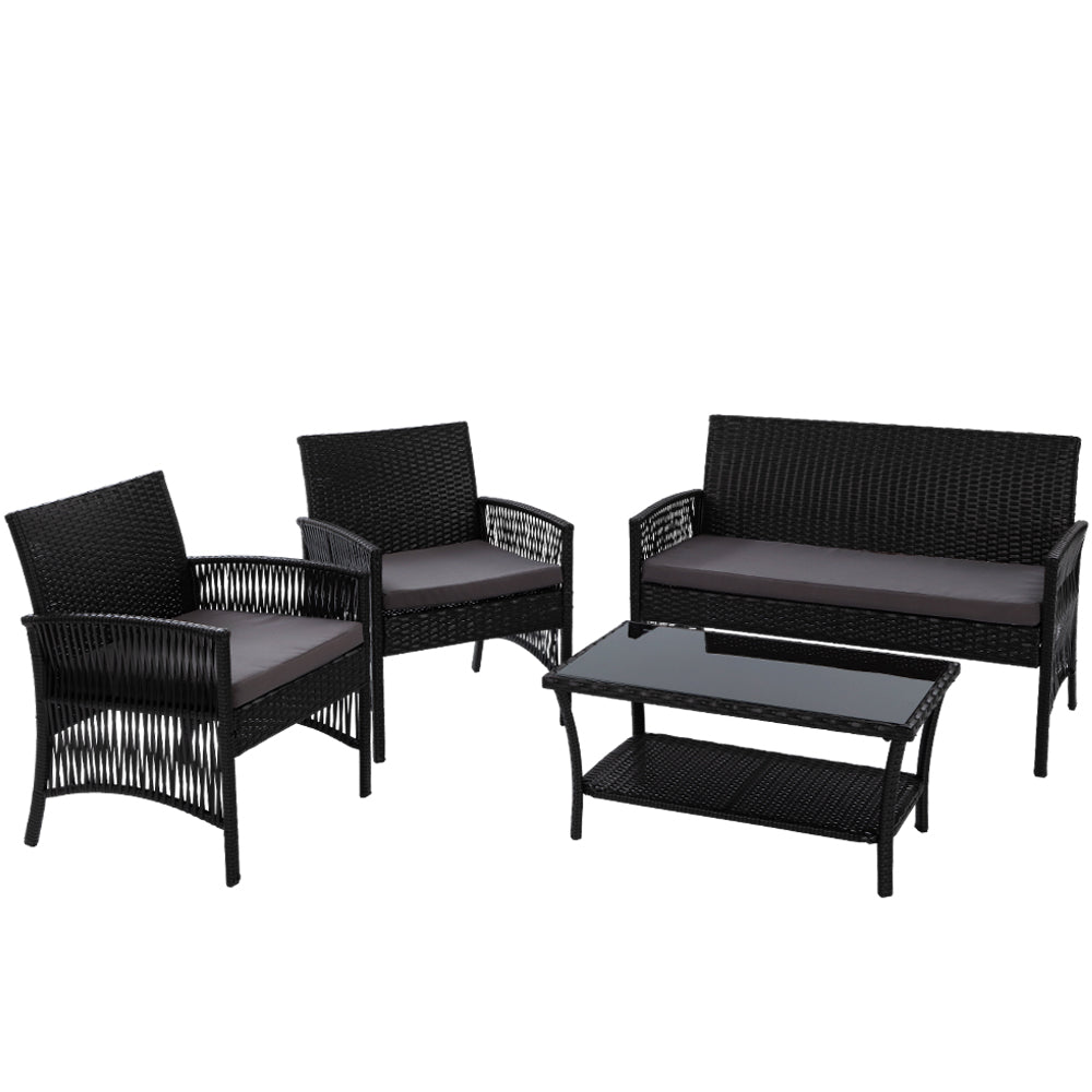 4PCS Harp Outdoor Sofa Set Wicker Chair Table - Black
