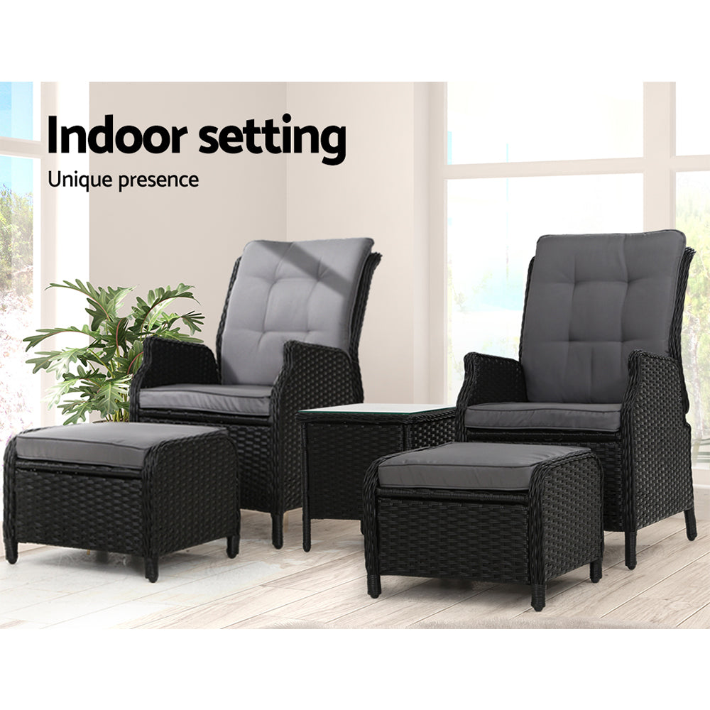 5PC Outdoor Wicker Recliner Chair & Table Sun lounge - Black